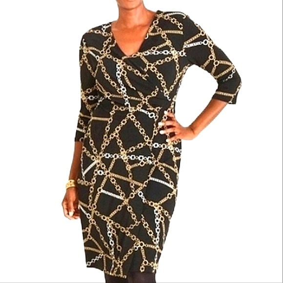 Chico's Black Gold Pattern Wrap Dress - Picture 1 of 5